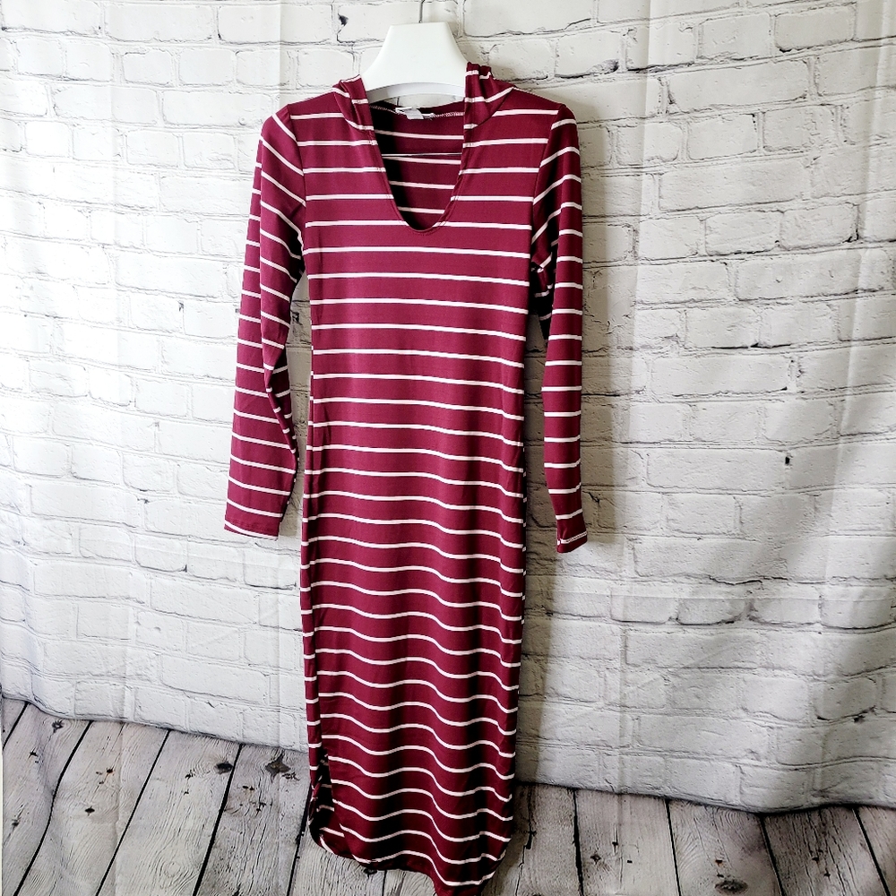 21 Burgundy White Stripe Long Sleeve Hooded Dress